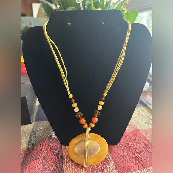 Vintage You & I Yellow Gold Beaded Necklace Costume Jewelry Large Pendant - Picture 1 of 3